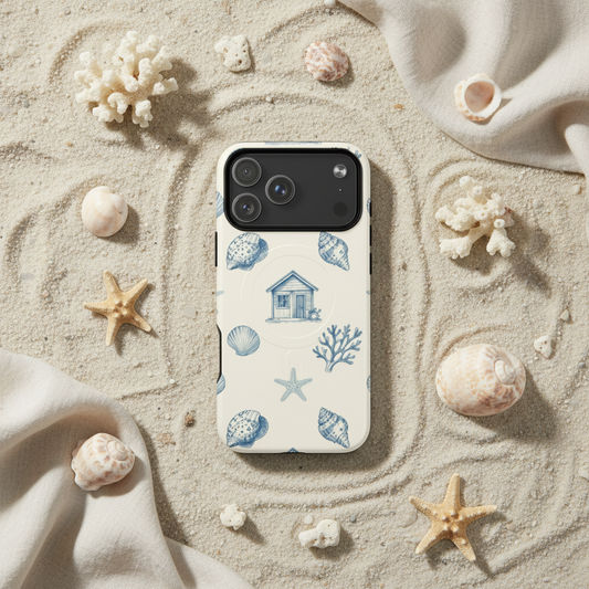 MagSafe Hülle Küstenäuschen weiße zweischichtige iPhone Hülle mit blauem muschel und strandhaus design rückseite