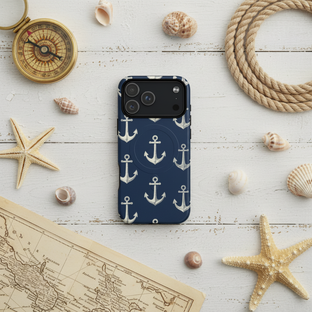 Navy blaue magSafe-hülle mit weißem anker-Allover-print auf der rückseite, zweischichtige iPhone-hülle