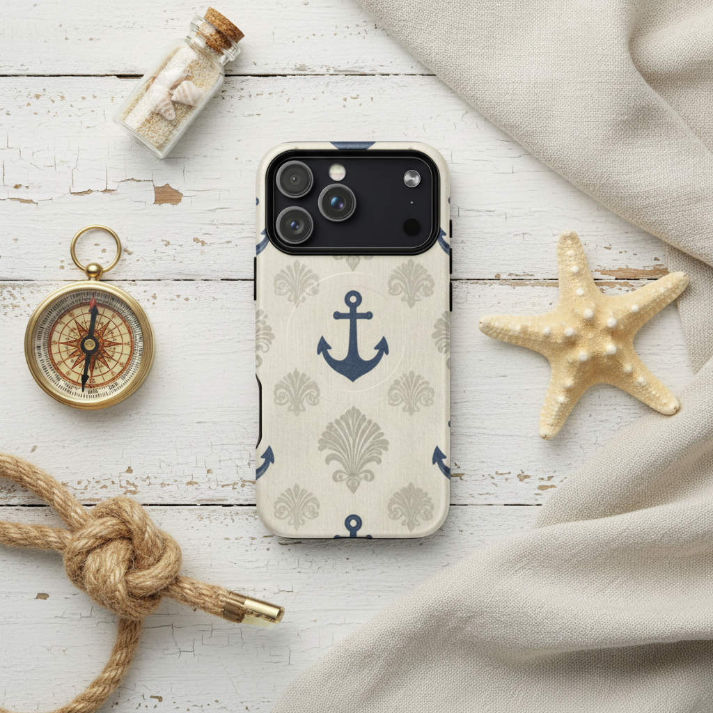 Magsafe-hülle vintage anker creme mit zweischichtiger konstruktion und cremefarbenem grund mit anker- und fleur-de-lis-muster auf der rückseite