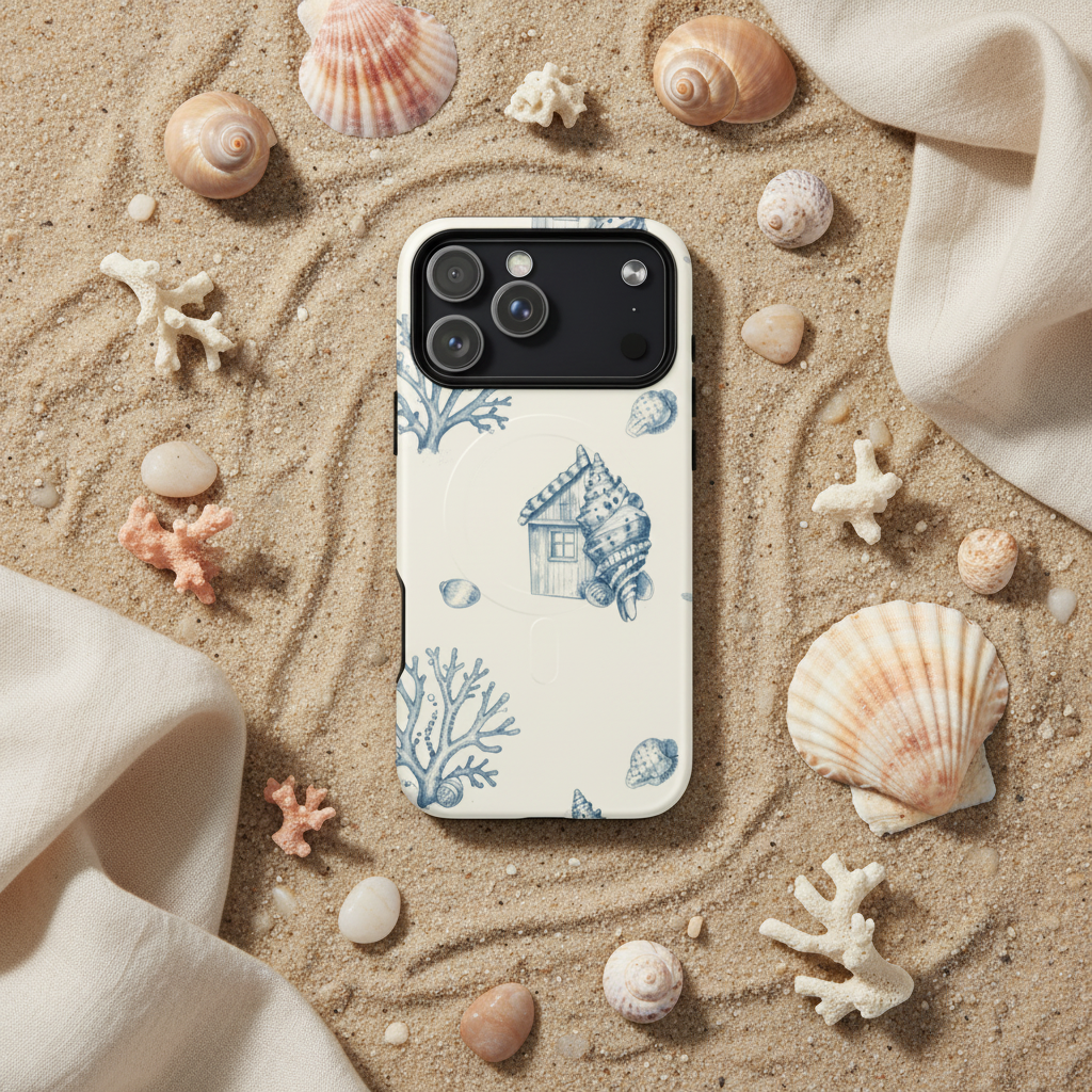 Weiße magsafe hülle für iphone mit blauem muschel- und korallendesign und küstenhaus illustration auf der rückseite