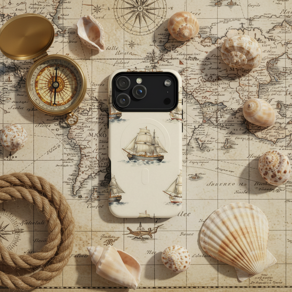 Weiße magsafe hülle vintage segelschiff mit zweischichtigem design und maritimen segelschiff- und meerestierillustrationen auf der rückseite