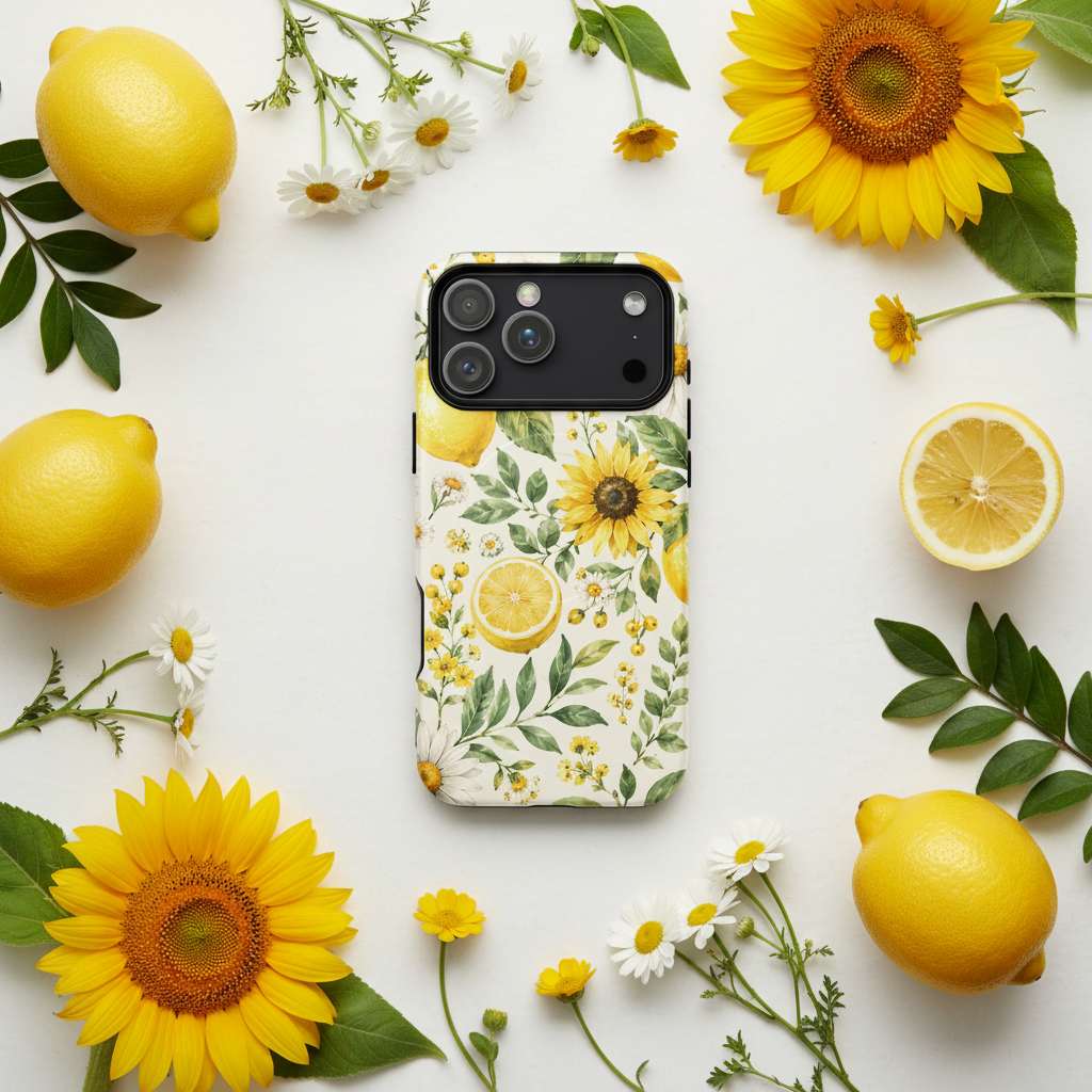 MagSafe Hülle Zitronenhain zweischichtige gelb grün iPhone Hülle mit Sonnenblumen Zitronen und Gänseblumen Rückseite