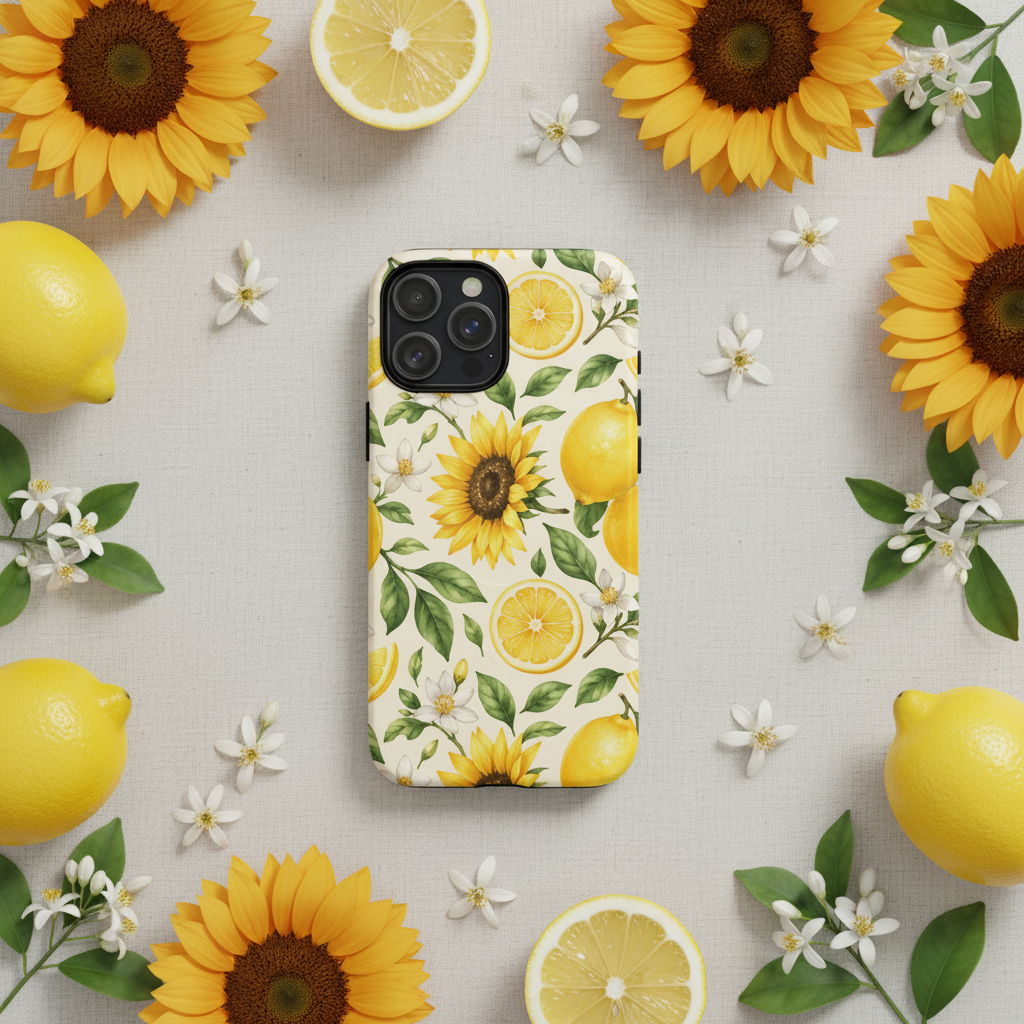Rückseite einer magSafe hülle limoncello bloom mit zitronen und sonnenblumen muster für iphone 13 pro matt