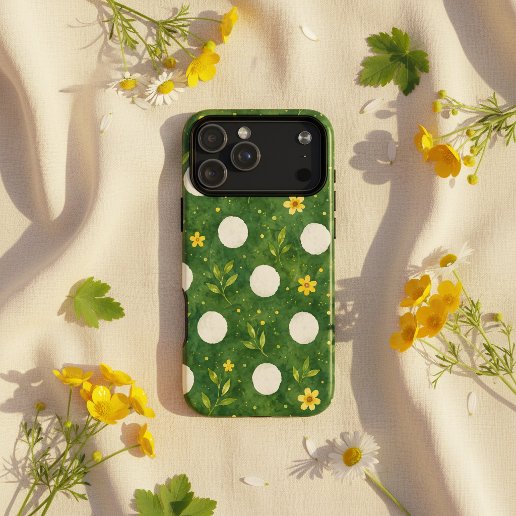 Grüne magsafe hülle pusteblumenwiese mit weißen punkten und gelben blumen, rückseite, zweischichtiges iphone case