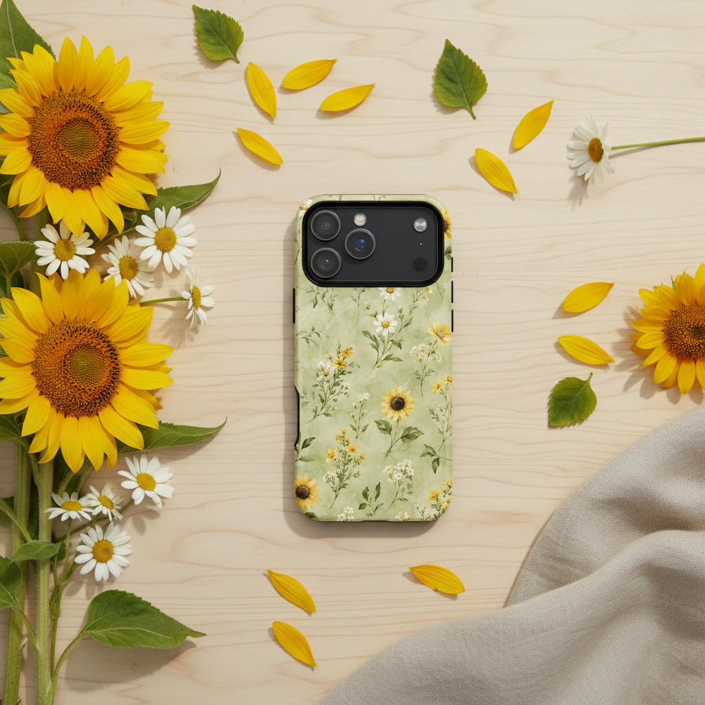 Rückseite einer salbeigrünen magsafe hülle mit zweischichtiger konstruktion und sonnenblumenprint