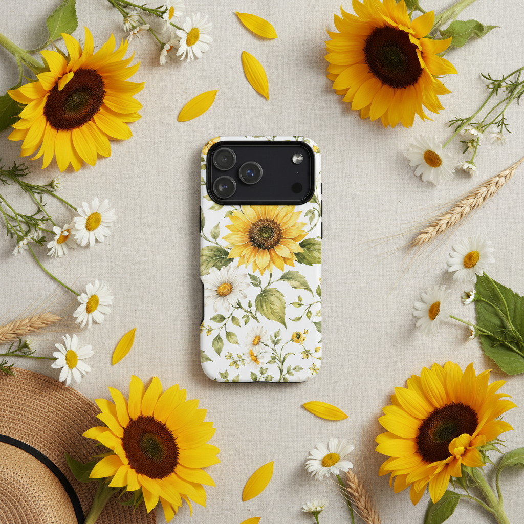 Weiße magSafe hülle mit zweischichtigem design und leuchtendem sonnenblumen- und gänseblümchenmuster auf der rückseite