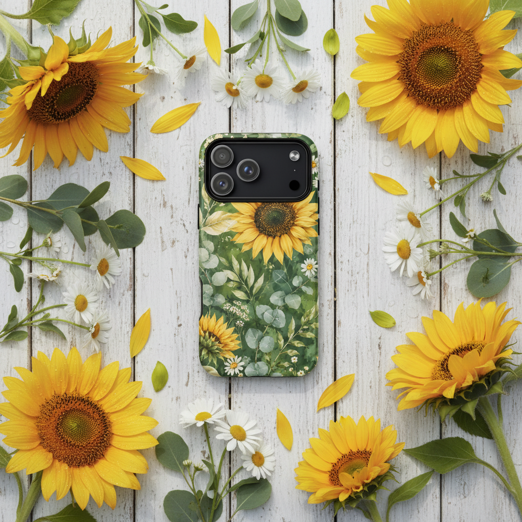Rückseite einer matten magsafe hülle mit zweischichtigem sonnenblumen und eukalyptus muster in gelb und grün