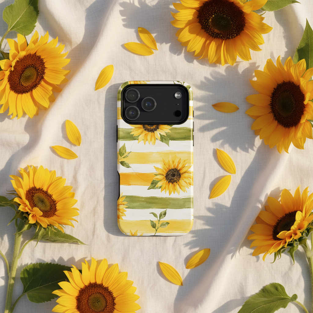 MagSafe hülle sonnenblumen streifen zeigt rückseite mit zweischichtiger iPhone hülle ausgelöst in gelb und grün