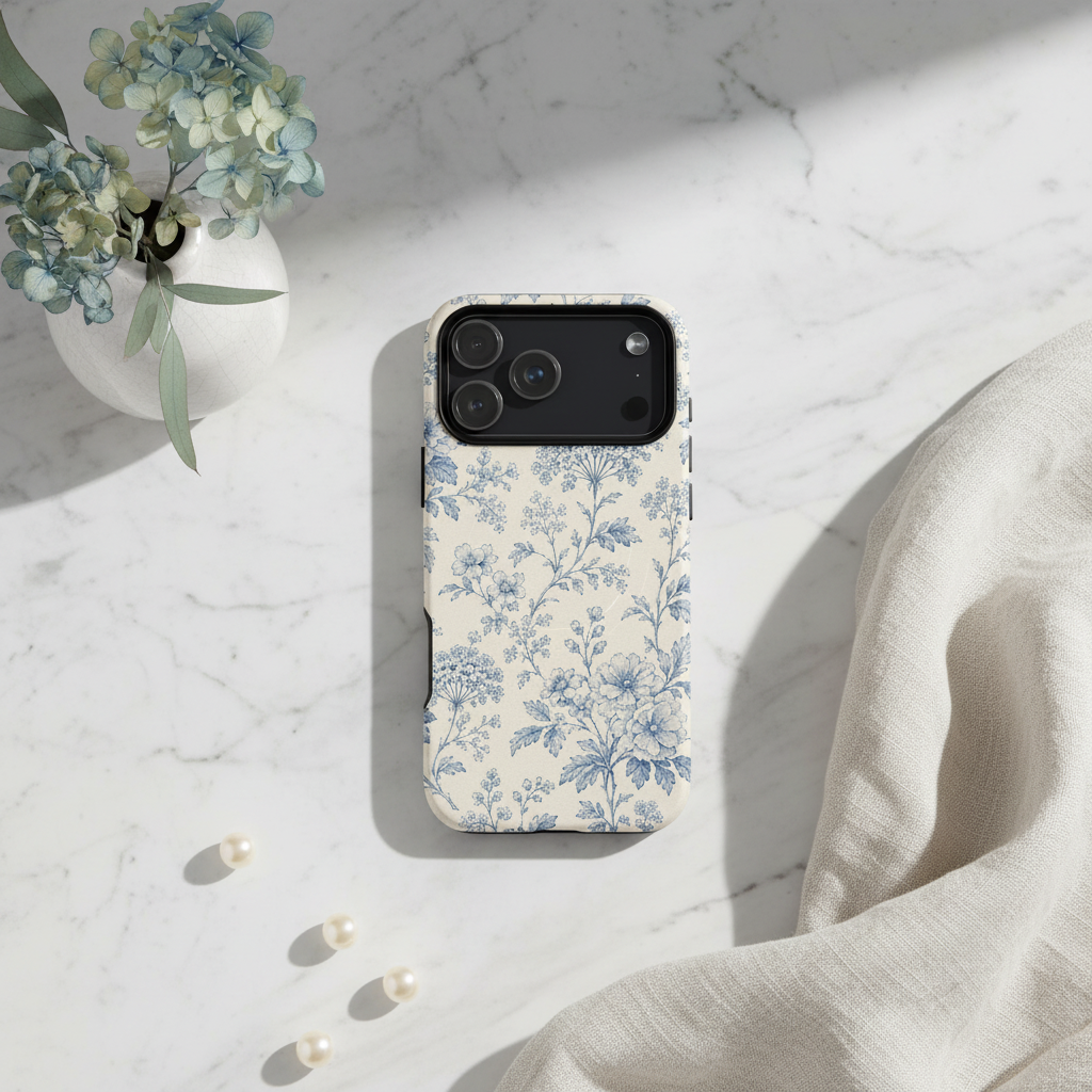 MagSafe hülle blue toile wiesenblumen zeigt die rückseite einer dünnschichtigen iPhone hülle mit vintage toile-print