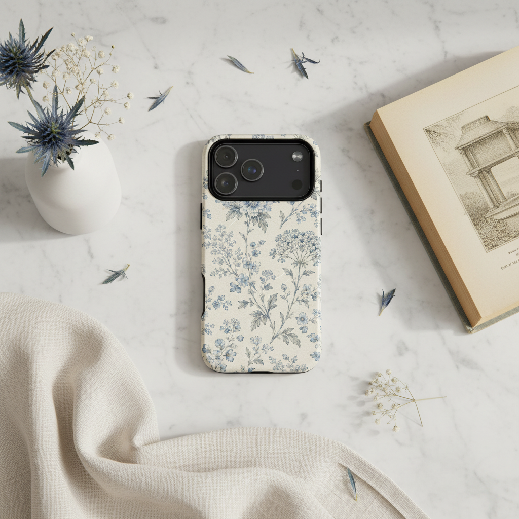 Die rückseite der cremfarbenen magSafe®-hülle blue toile chrysantheme mit feinem blauem toile-blumenmuster