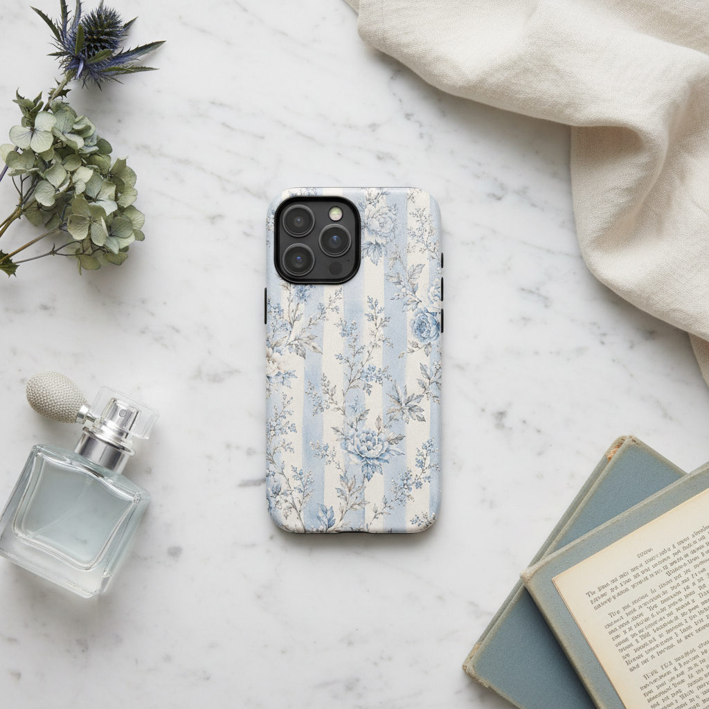 Die rückseite der magsafe hülle blue toile streifen blüten zeigt ein zweischichtiges blau weiß gestreiftes vintage design mit blumenmuster