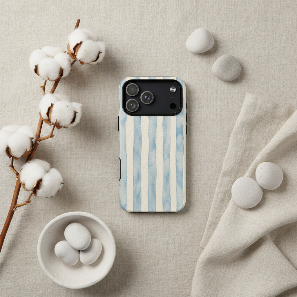 MagSafe-Hülle Blue Toile Streifen Klassisch iPhone-Hülle mit zweischichtiger, hellblauer und weißer Wasserfarbstreifenrückseite