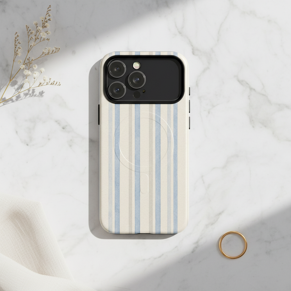 Rückseite der magSafe hülle blue toile streifen sand mit senkrechten hellblauen und cremefarbenen streifen und magnetischer ladestation