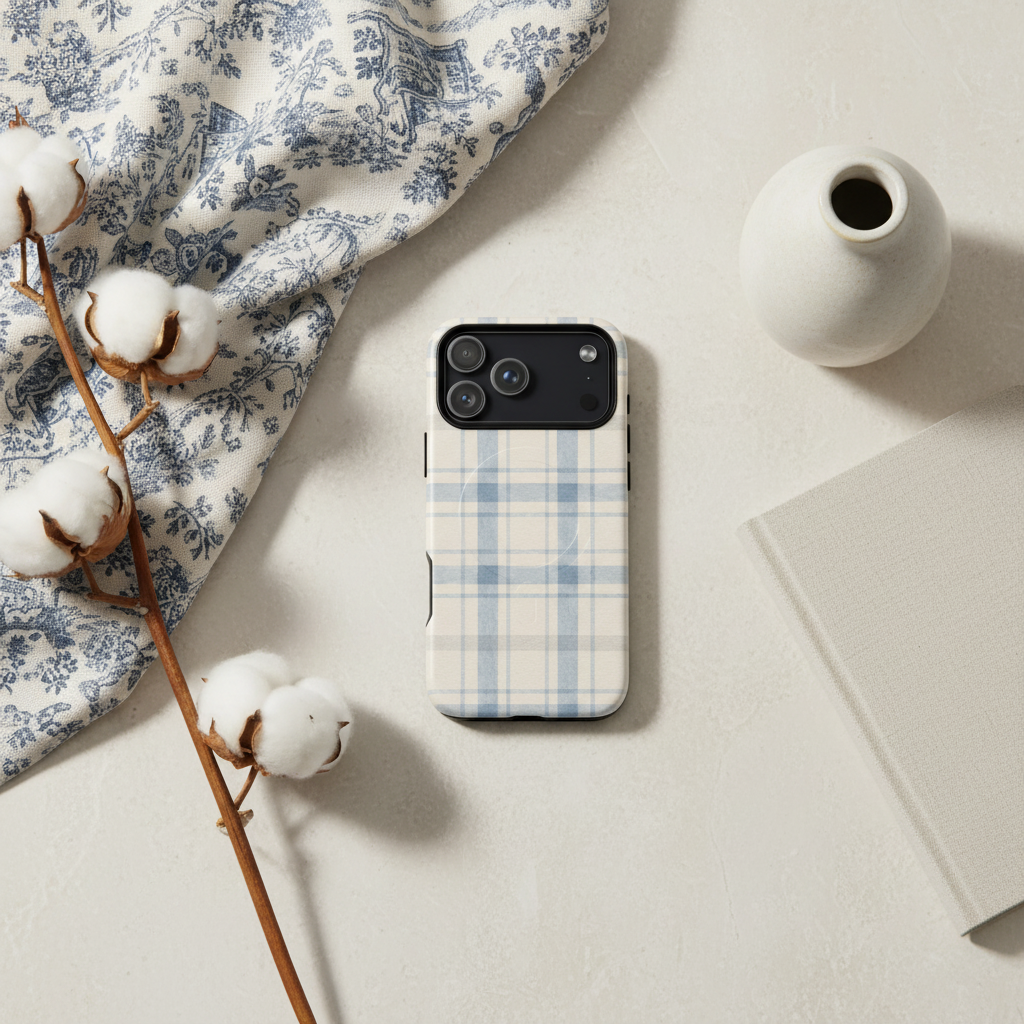 MagSafe hülle blue toile karo mit zweischichtigem plaid muster in creme und hellblau und kameraausschnitt görülte rückseite