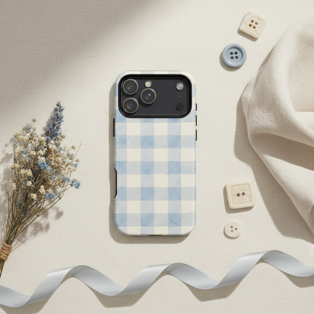 Rückseite einer zweischichtigen MagSafe Hülle blue toile vichykaro mit blau weißem Vichykaro Muster und schwarzem Kamerazuschnitt