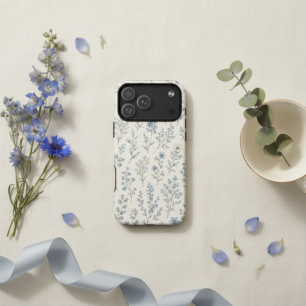 Rückseite der magSafe®-hülle blue toile wiesenblüten mit weißer zweischichtiger iPhone-hülle und blauem blüten-print
