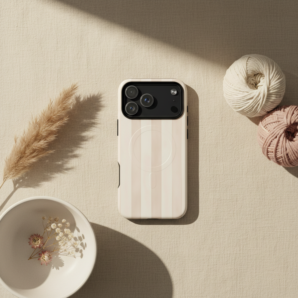 Rückseite einer magSafe-hülle cotton stripes beige mit off-white und beige streifen und schwarzem kameraausschnitt