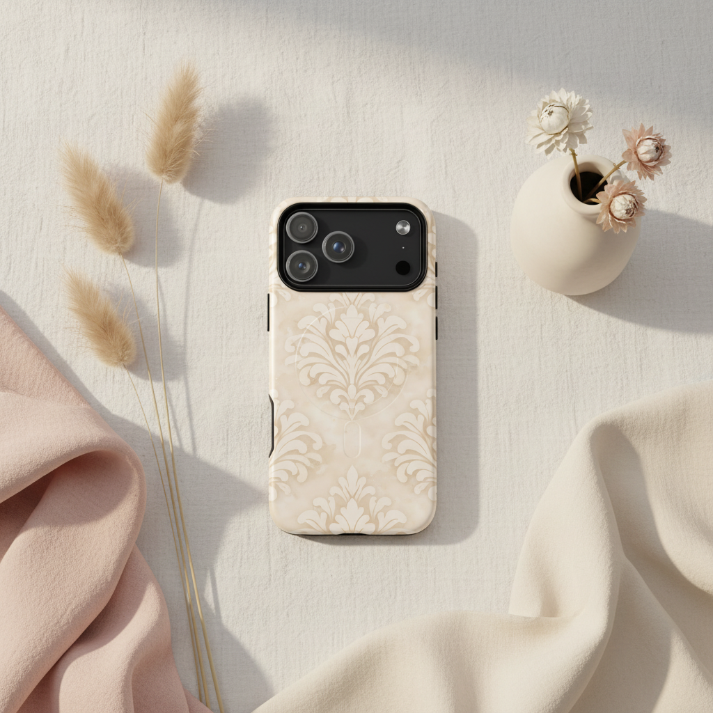 Rückseite der magsafe hülle cotton damask creme mit creamfarbener zweischichtiger damaststruktur und schwarzem kameraausschnitt