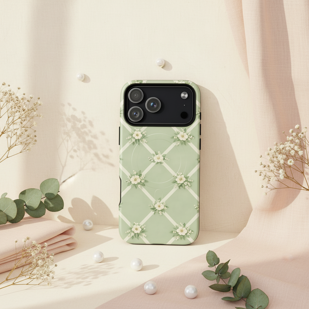 Rückseite der mintgrünen magSafe hülle cotton blossom trellis für iPhone mit weißem blüten-gitter-print und schwarzem kamerazuschnitt