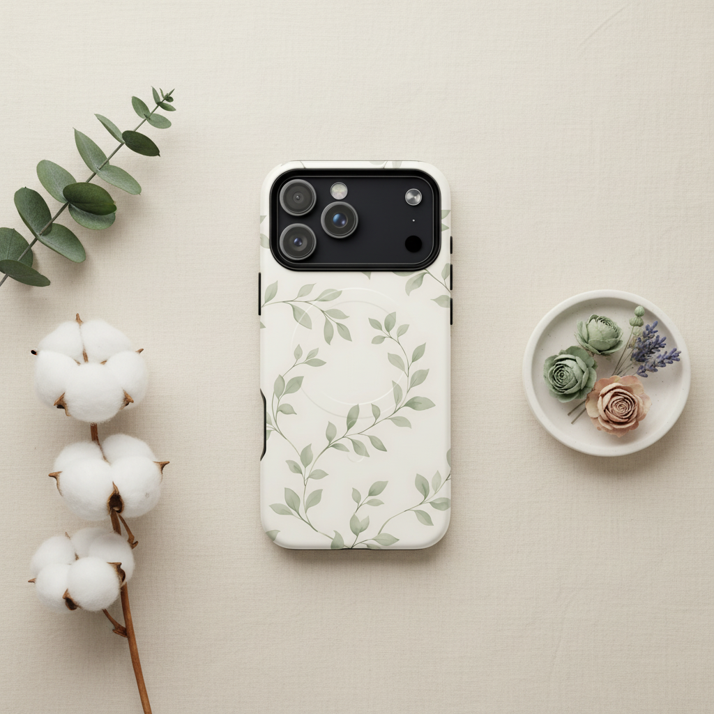 MagSafe hülle cotton vine salbei weiße zweischichtige iphone hülle mit zartem salbeigrünem blattrankenmuster rückseite