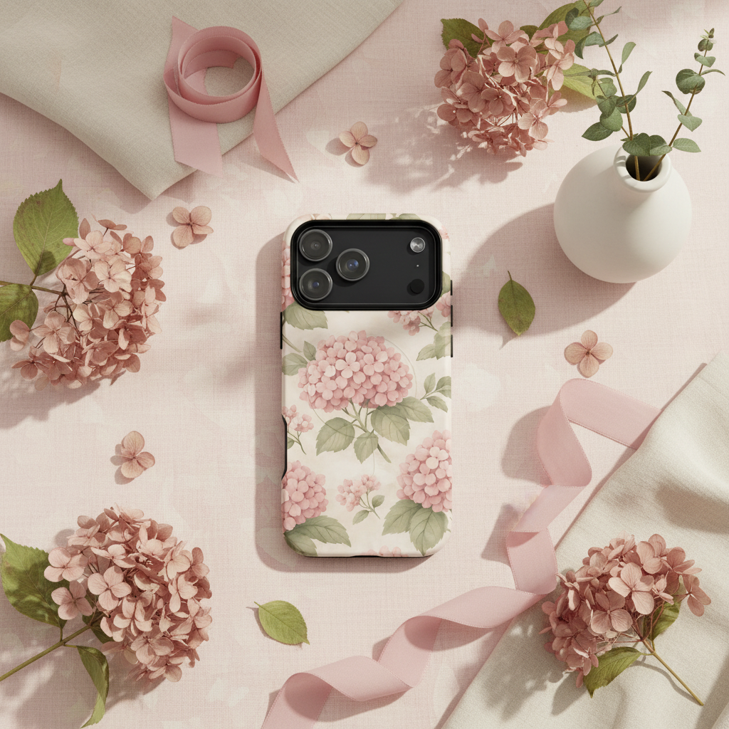 Backseite der magSafe-Hülle cotton hortensien mit zartem rosa hortensienmuster und grünen blättern auf weißem grund