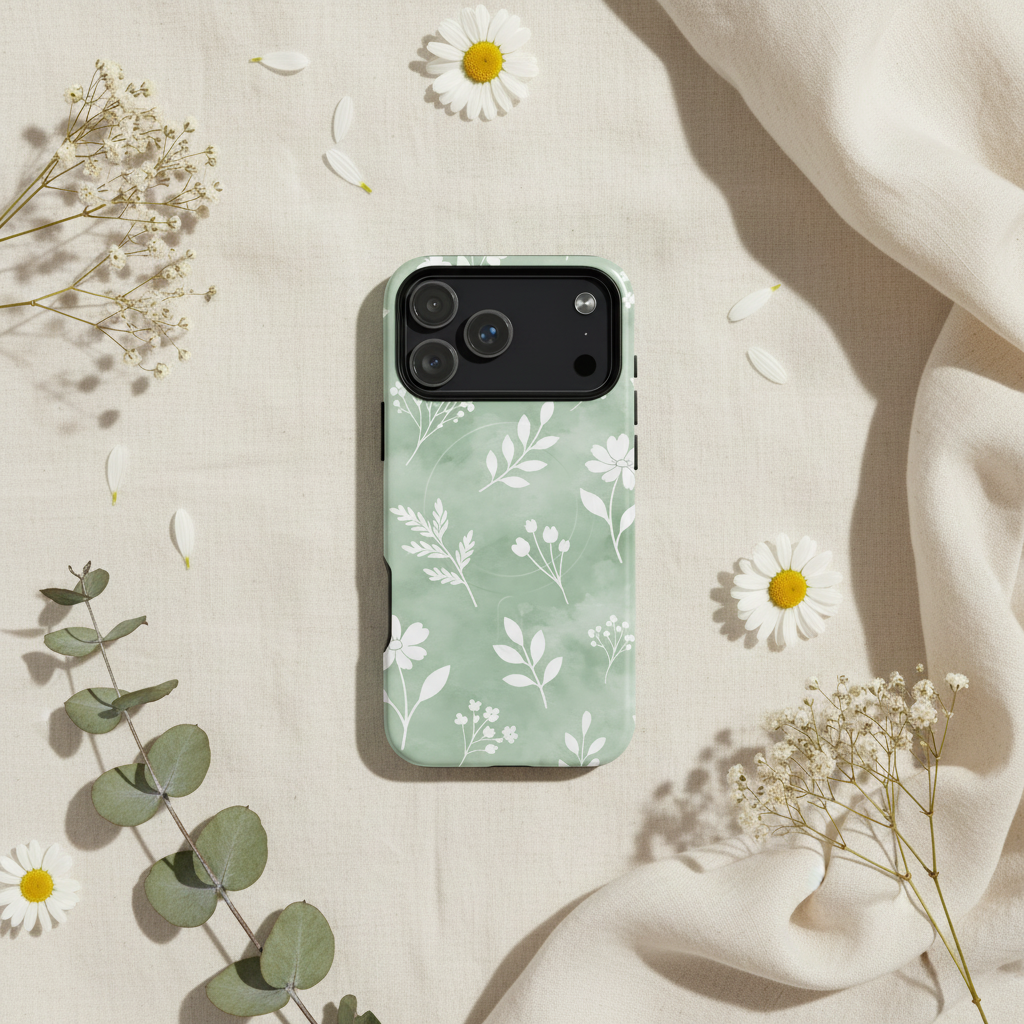 Backside of a mint green MagSafe Hülle Cotton Blätterzweig Salbei iPhone case with white botanical leaf and flower print