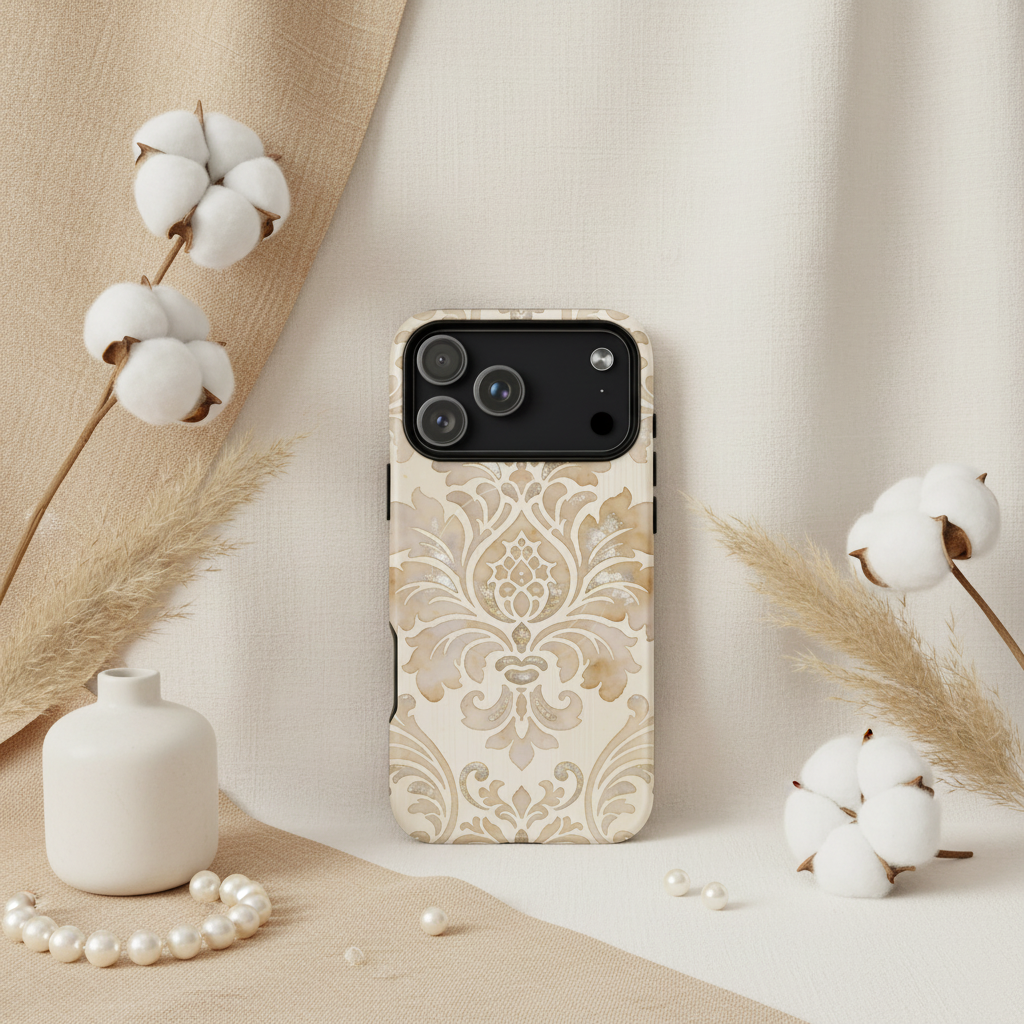 Beige und creme farbene magsafe hülle cotton ornament gold mit damastmuster und schützendem zweischichtigem design rückseite