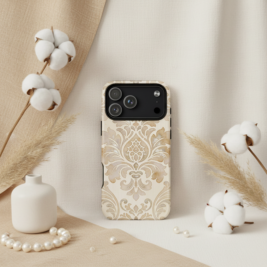 Beige und creme farbene magsafe hülle cotton ornament gold mit damastmuster und schützendem zweischichtigem design rückseite