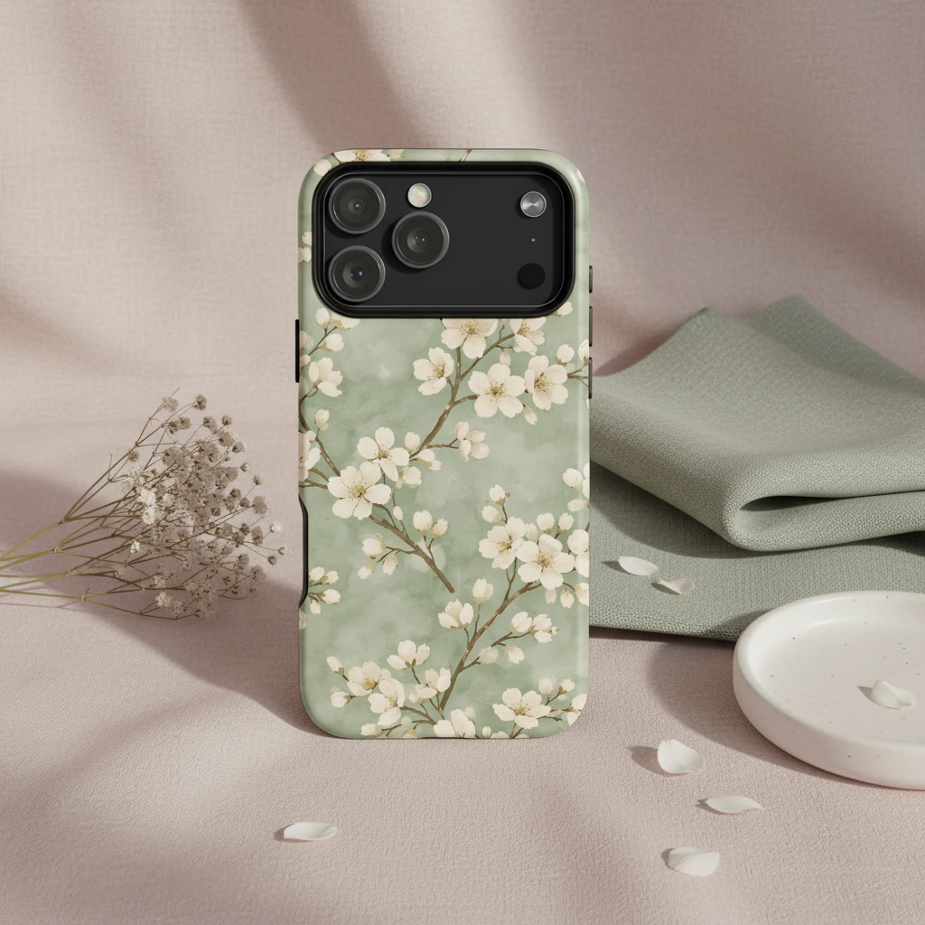 Rückseite einer magSafe hülle cotton kirschblüte salbei mit zweischichtiger iPhone hülle und weißem kirschblütenmuster