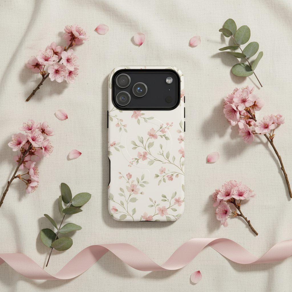 Rückseite der magSafe Hülle Cotton Kirschblüte Rosé mit weißem zweischichtigem Kirschblüten-Print und schwarzem Kameraausschnitt