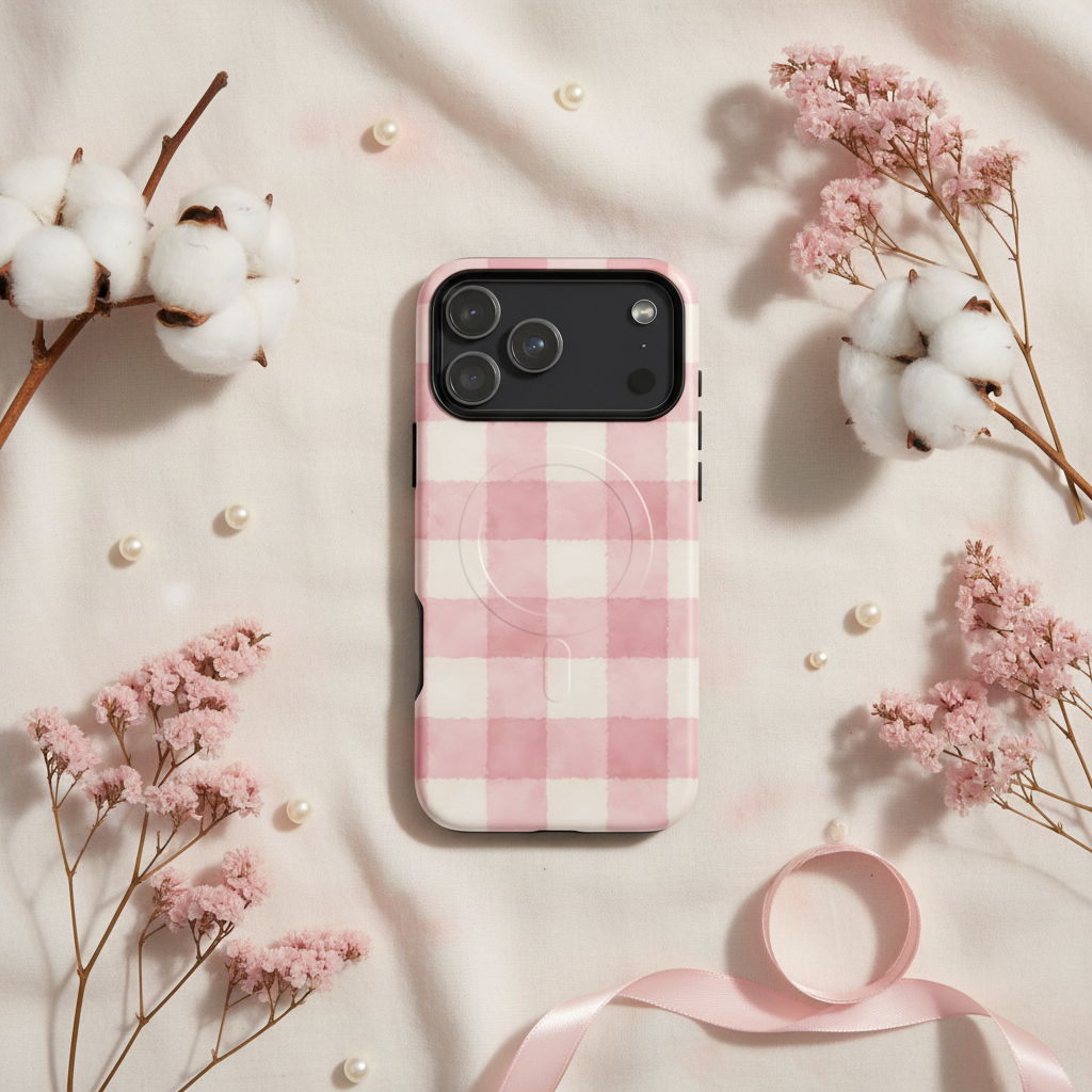 Rückseite der magSafe hülle Cotton Vichykaro Rosé mit rosa weißem Vichykaro muster und magnetischem Ladepad