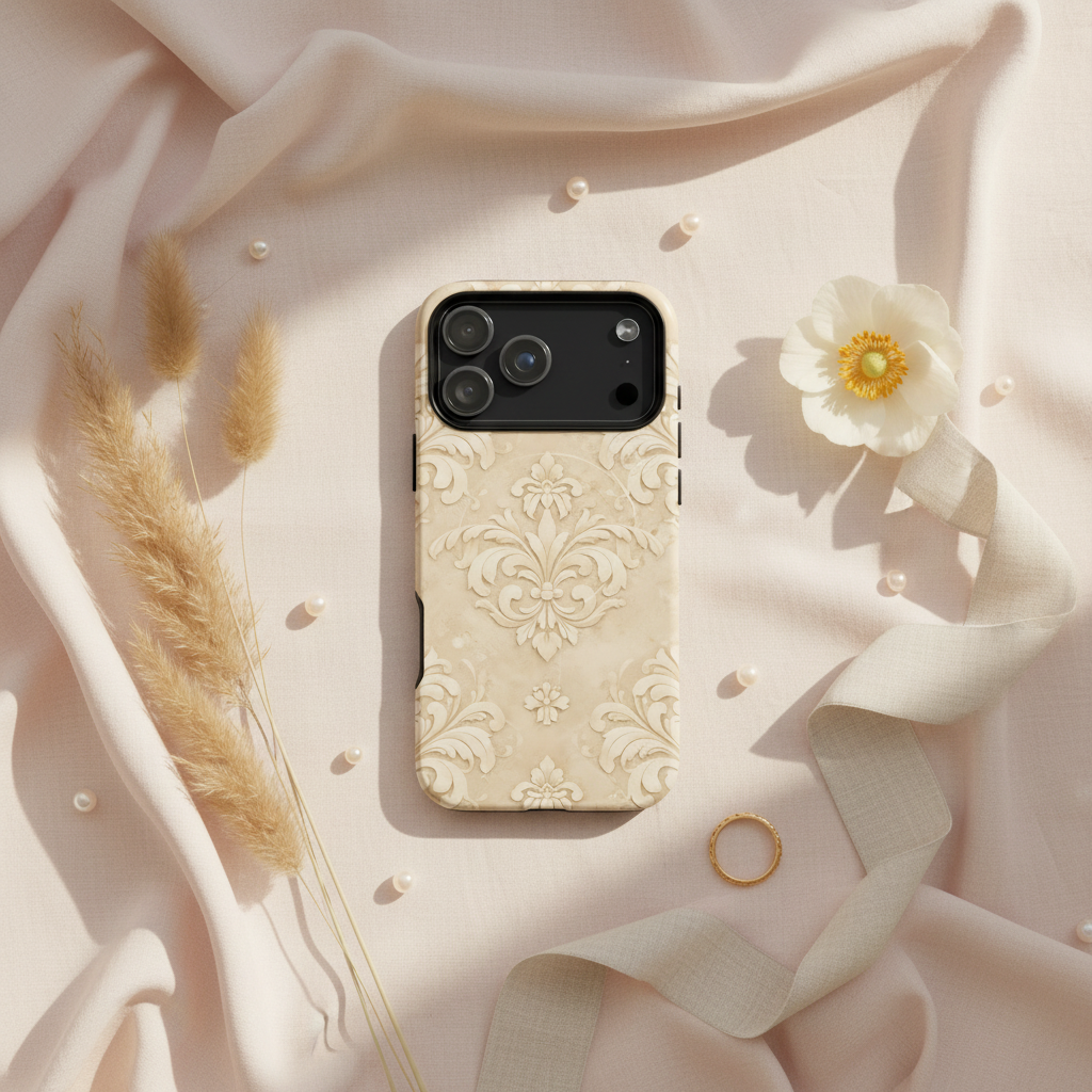 Backseite der magSafe Hülle Cotton Fleur-de-Lis Creme mit raised Damastmuster aus hartem Kunststoff oder Silikon