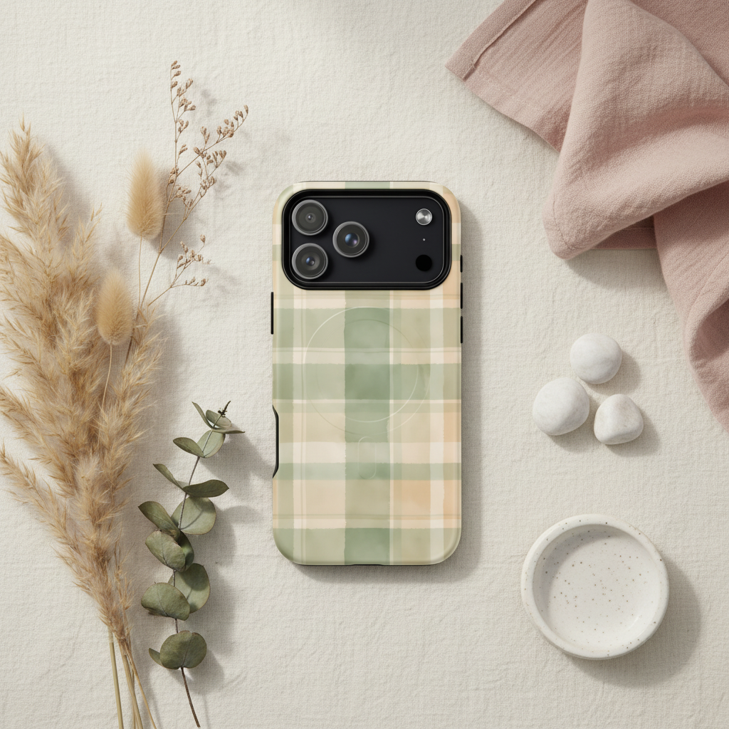 Back side of a soft green and cream plaid MagSafe Hülle cotton karo salbei zweischichtige iPhone Hülle with matte finish