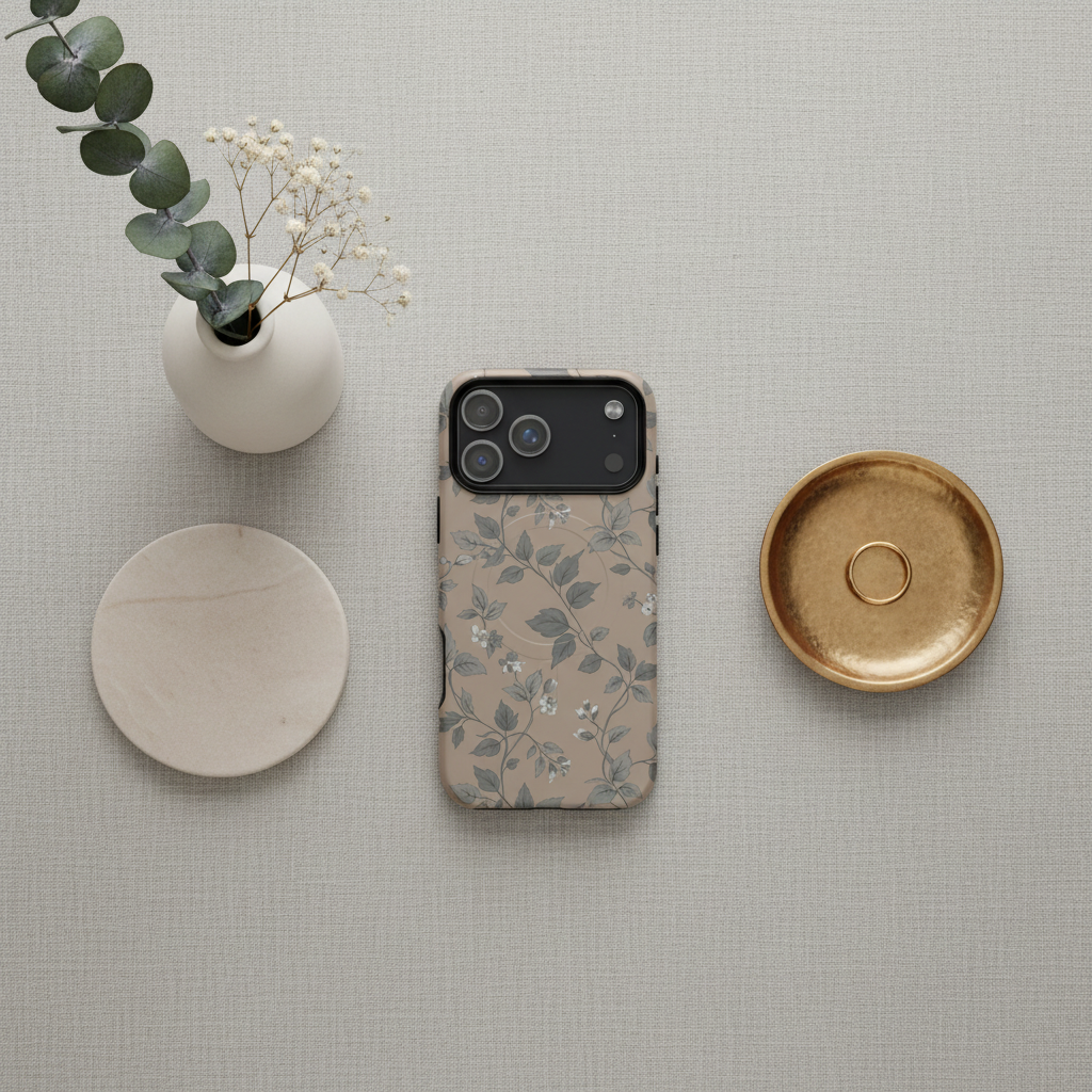 Beige magsafe hülle für iphone mit grauem und weißem blattranken-print und schwarzem kameraausschnitt auf der rückseite