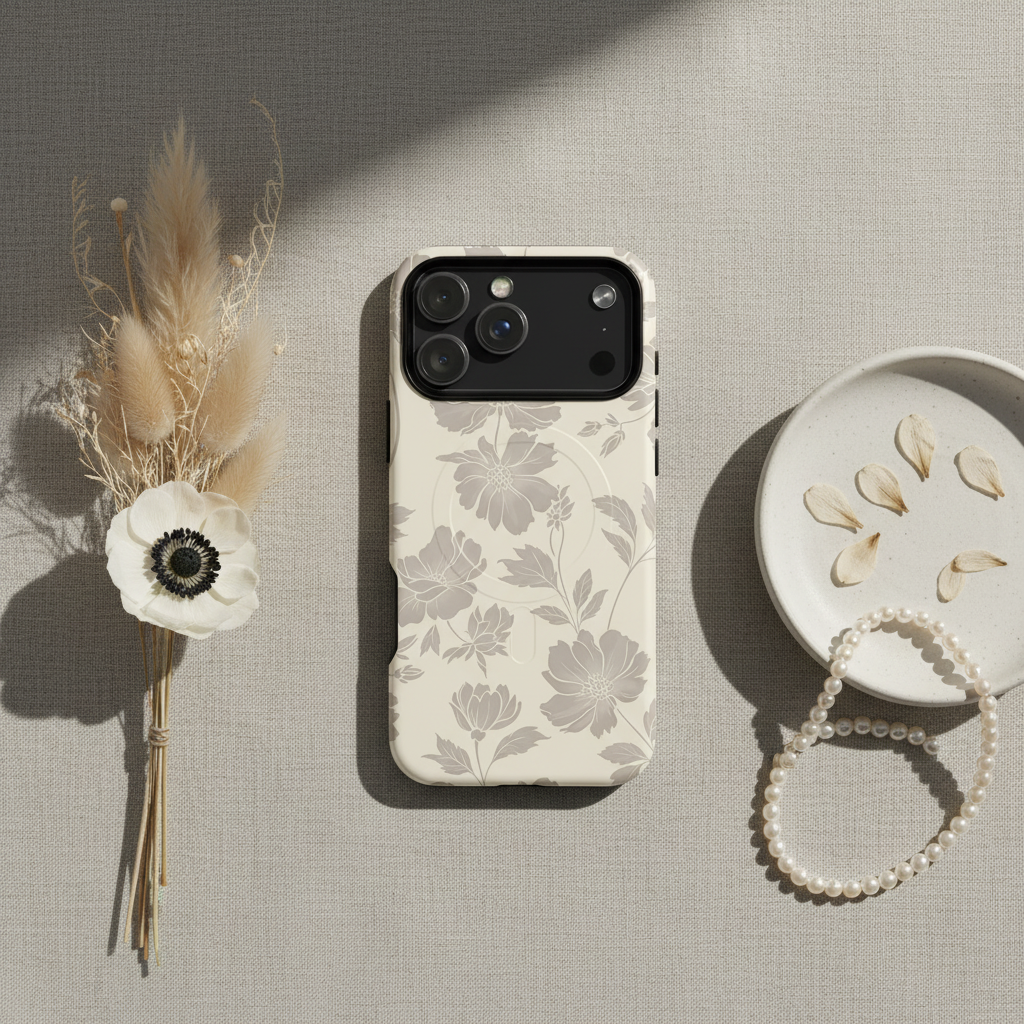 MagSafe-Hülle French Grey Blütentraum iPhone Hülle Rückseite cremefarben mit grauem floralmuster und zweischichtigem Design