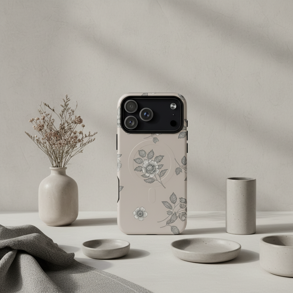 Beige magsafe hülle für iphone mit grauen pfingstrosenillustrationen und weißem blumenakzent, rückseite sichtbar