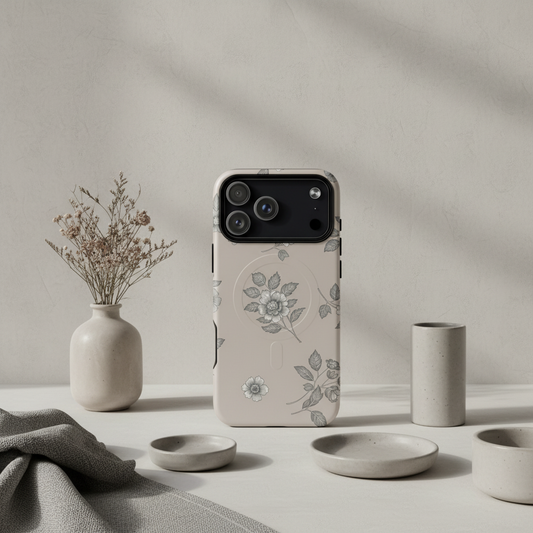 Beige magsafe hülle für iphone mit grauen pfingstrosenillustrationen und weißem blumenakzent, rückseite sichtbar