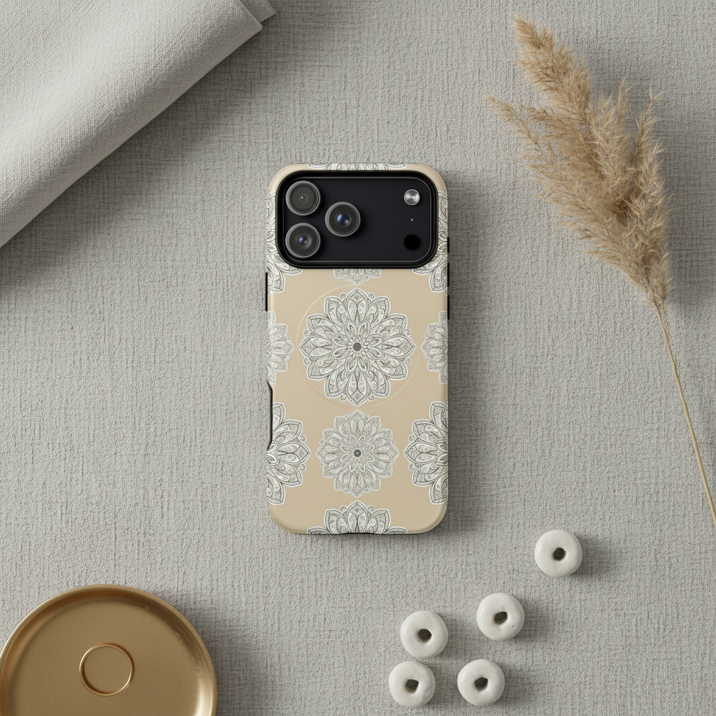 Beige magsafe hülle für iphone mit silbernen mandala mustern auf der rückseite zweischichtig und elegant