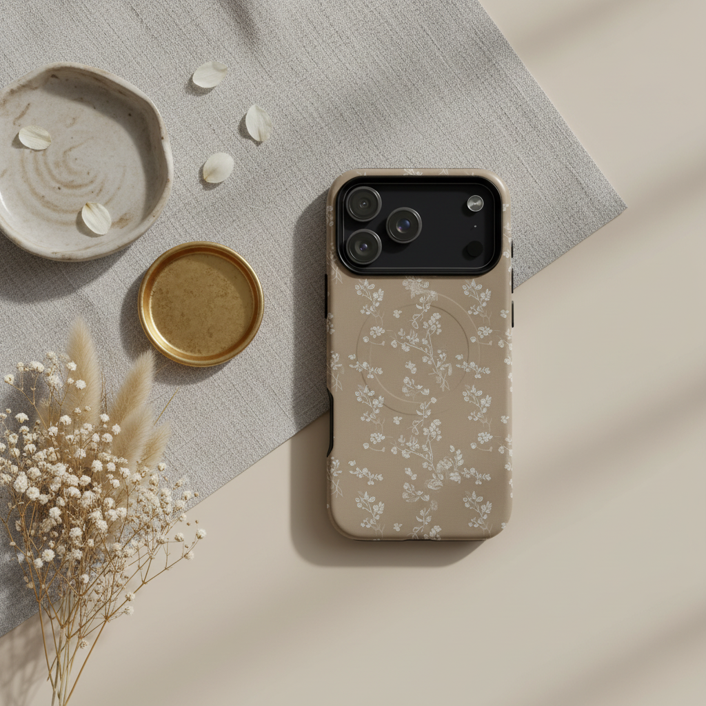 Beige magsafe hülle french grey streublümchen mit weißem floralem muster auf der rückseite für iphone