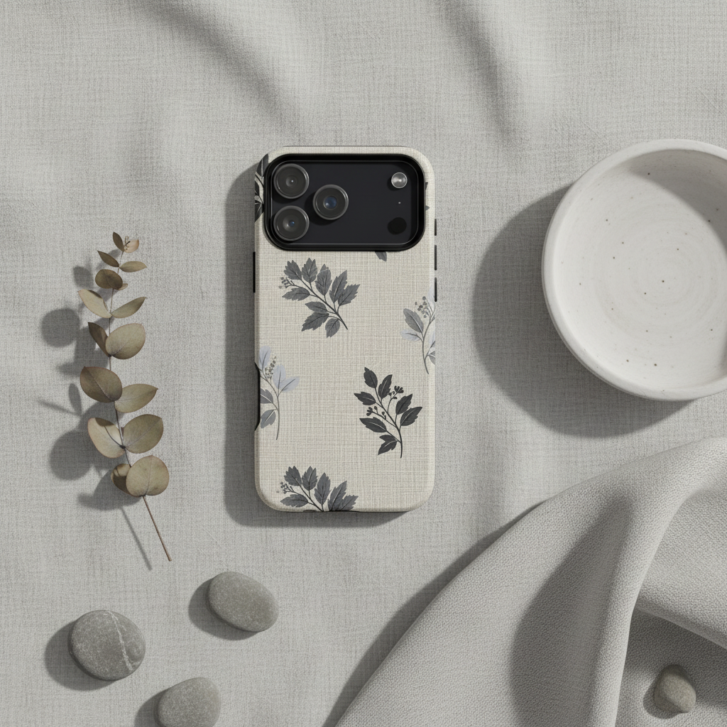 Beige mag safe hülle french grey blattzweige mit feiner leinenstruktur und schwarzen botanischen blattzweige motiven rückseite