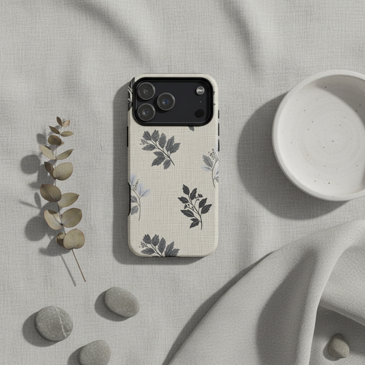 Beige mag safe hülle french grey blattzweige mit feiner leinenstruktur und schwarzen botanischen blattzweige motiven rückseite