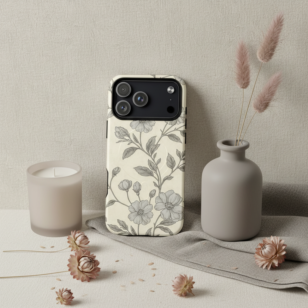 Cremefarbene magsafe hülle french grey rosenranke mit zartem grauem blumenmuster und pastellrosen auf der rückseite