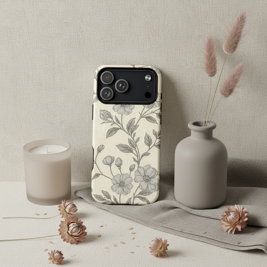 Cremefarbene magsafe hülle french grey rosenranke mit zartem grauem blumenmuster und pastellrosen auf der rückseite