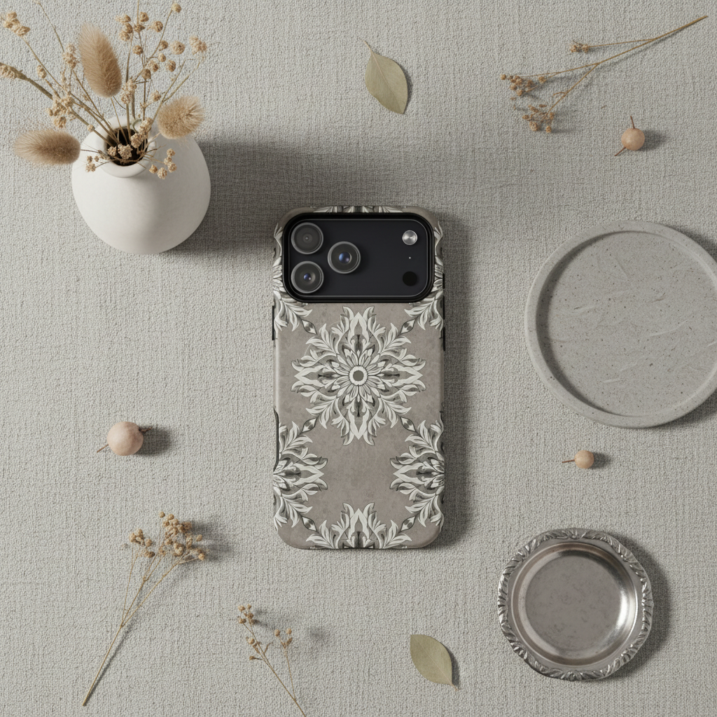 Die rückseite der zweischichtigen magSafe hülle French Grey Medaillon Ornament in grau mit weißem mandala design
