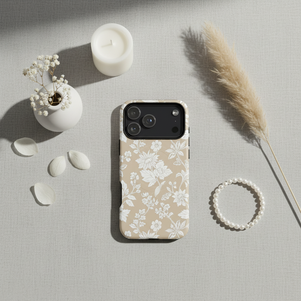 Beige magSafe hülle French Grey Toile Blüten mit weißem botanischem toile-print auf der rückseite