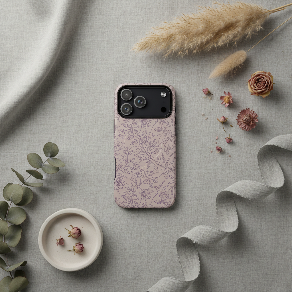 Rückseite einer zarten rosa magSafe Hülle French Grey blütenranke mauve mit schwarzem kameraausschnitt und botanischem Muster