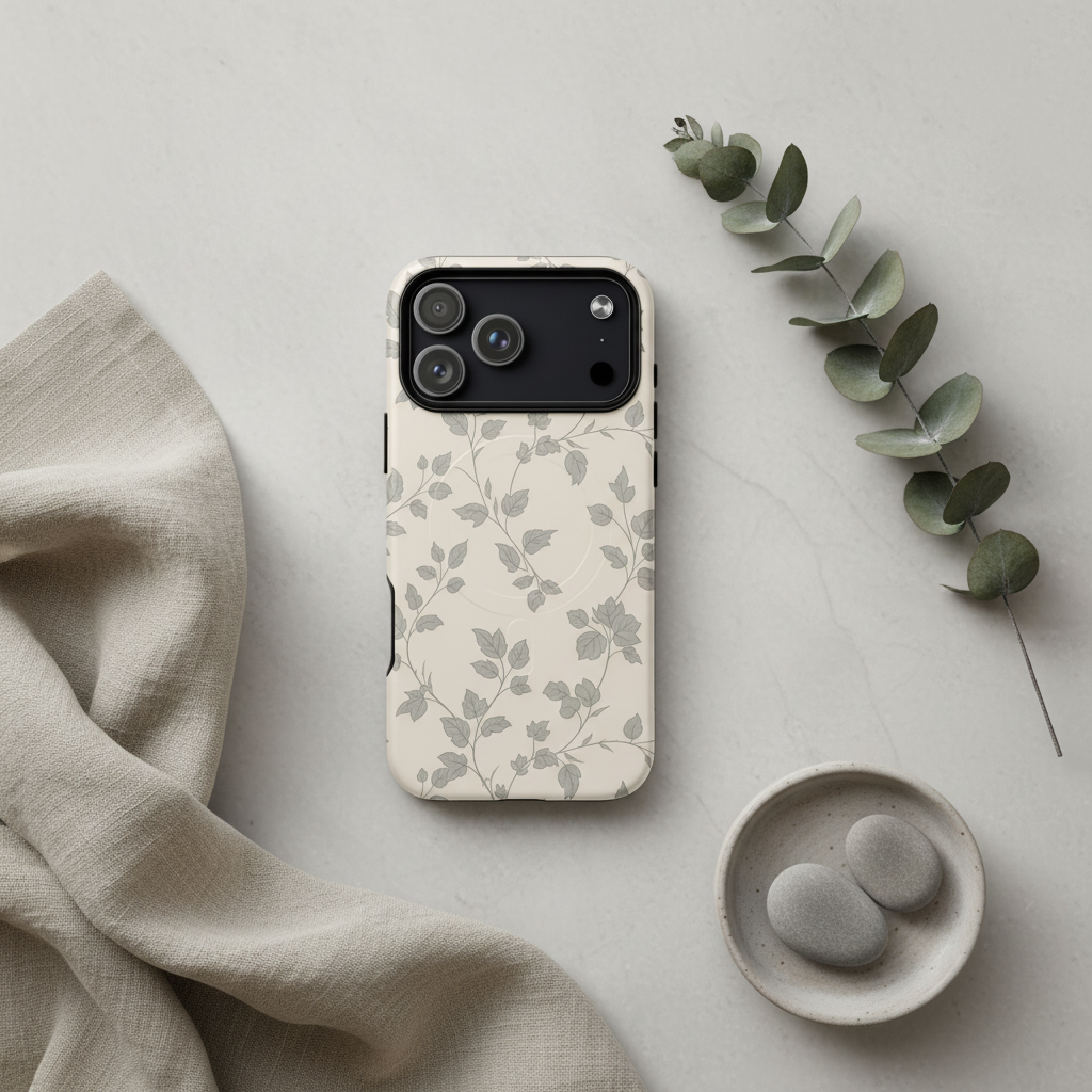 Beige zweischichtige magsafe hülle french grey efeuranke mit grauem efeuranken-print und kameraausschnitt auf der rückseite