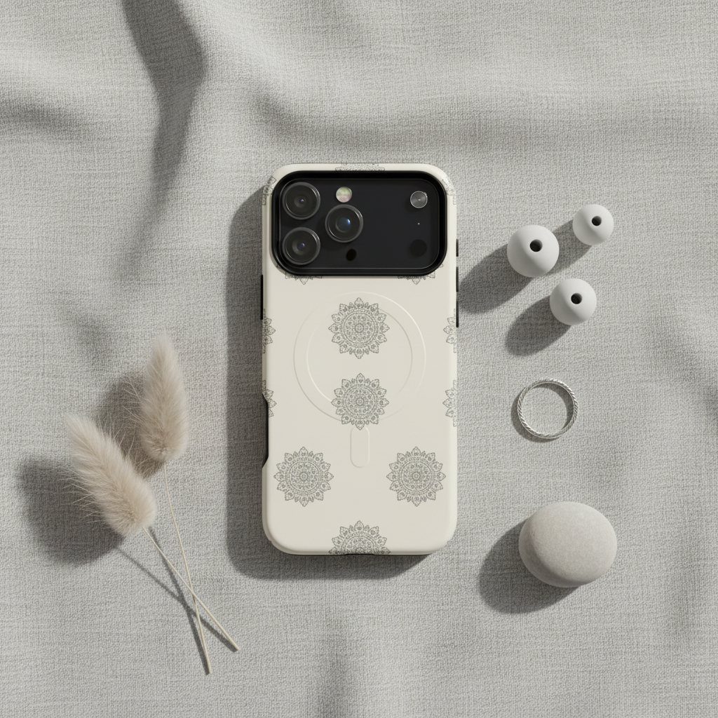 Weiße magSafe-Hülle French Grey Mandala grau mit grauem mandala-muster und integrierter ladefunktion rückseite