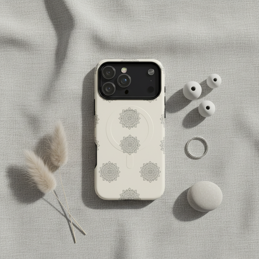 Weiße magSafe-Hülle French Grey Mandala grau mit grauem mandala-muster und integrierter ladefunktion rückseite