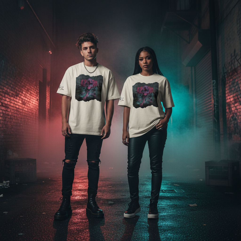 Off-white oversized t-shirt mit distressed print und leuchtendem pink-lila blumendesign aus der dark series